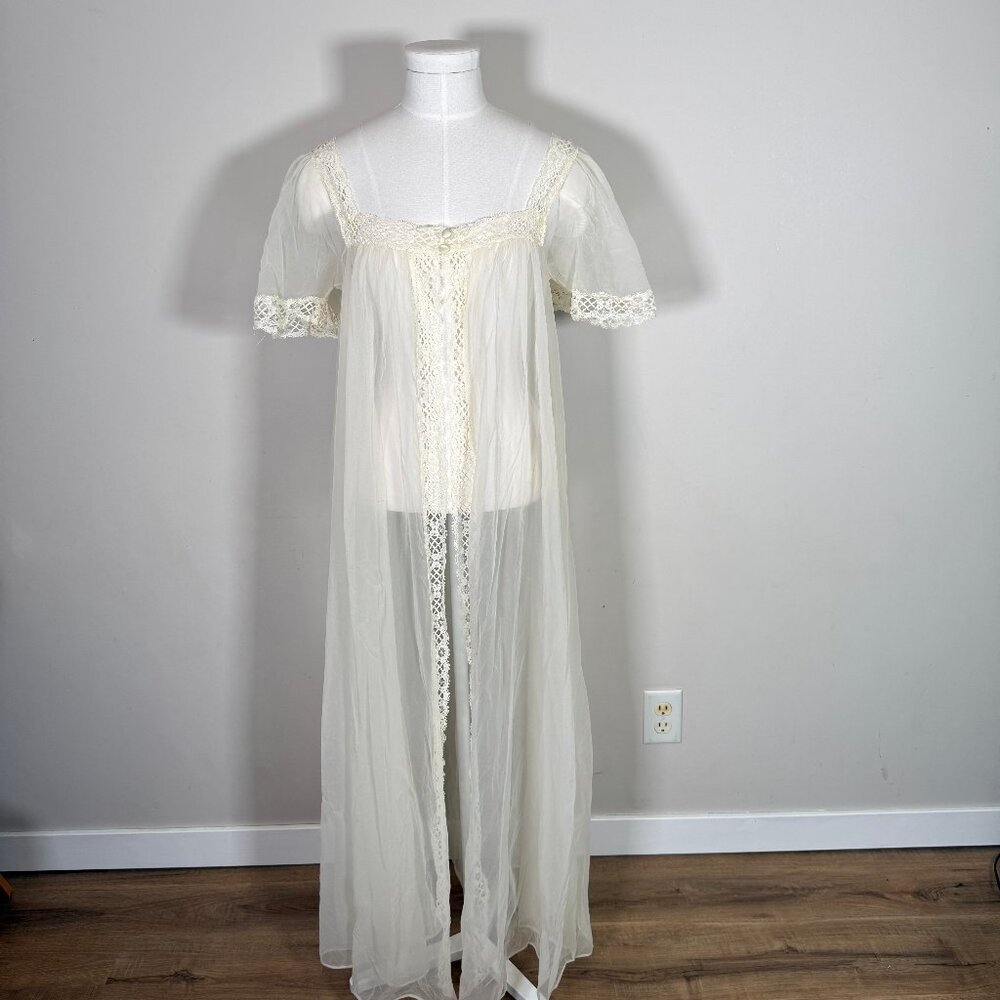 Vintage Sheer Gown Robe White Lace Trim Puff Sleeve Coquette Dainty Ethereal  S